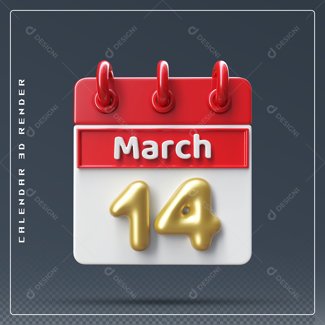 Calendário Do mês Março Dia 14 Elemento 3D Dourado Vermelho E Branco Para Composição PSD