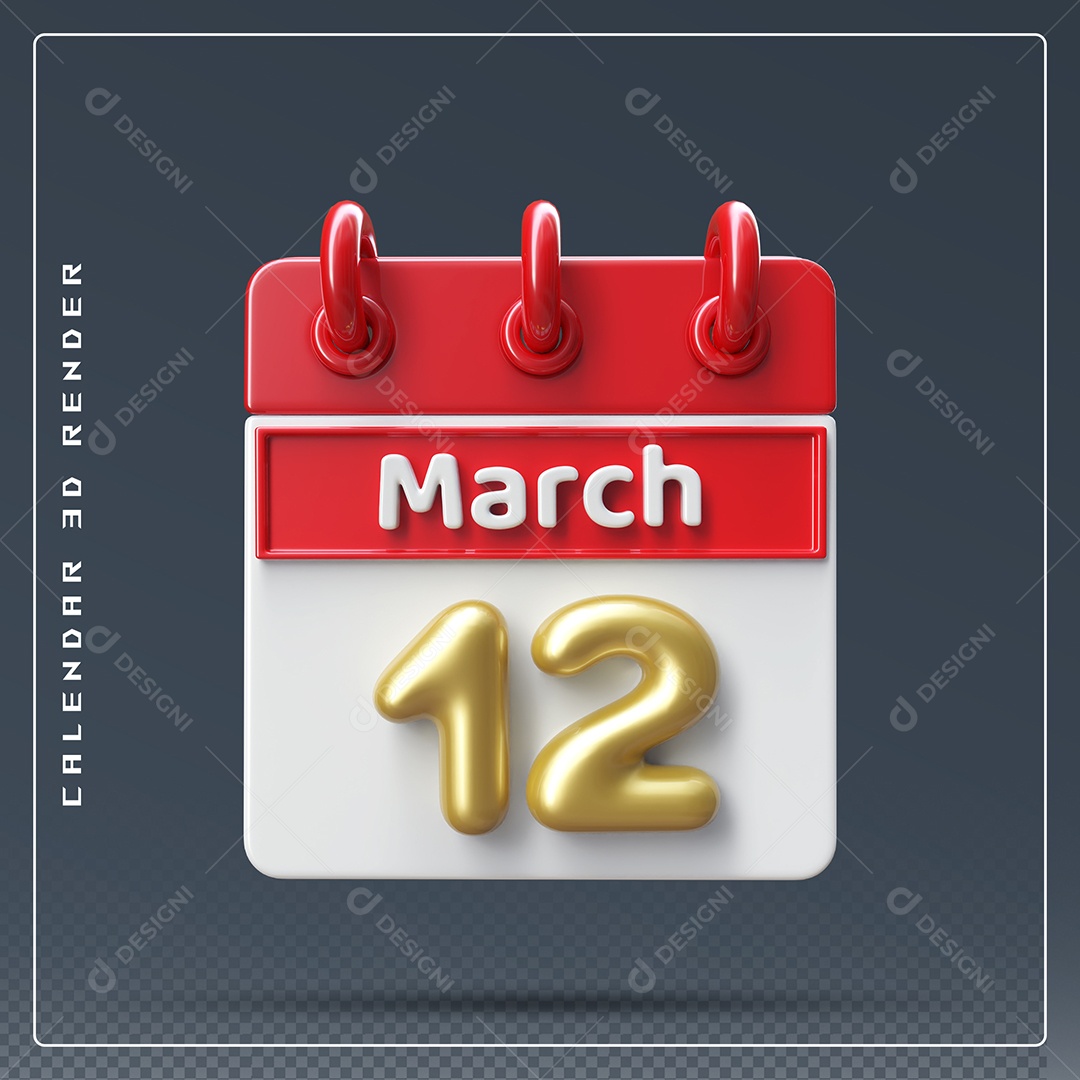 Calendário Do mês Março Dia 02 Elemento 3D Dourado Vermelho E Branco Para Composição PSD
