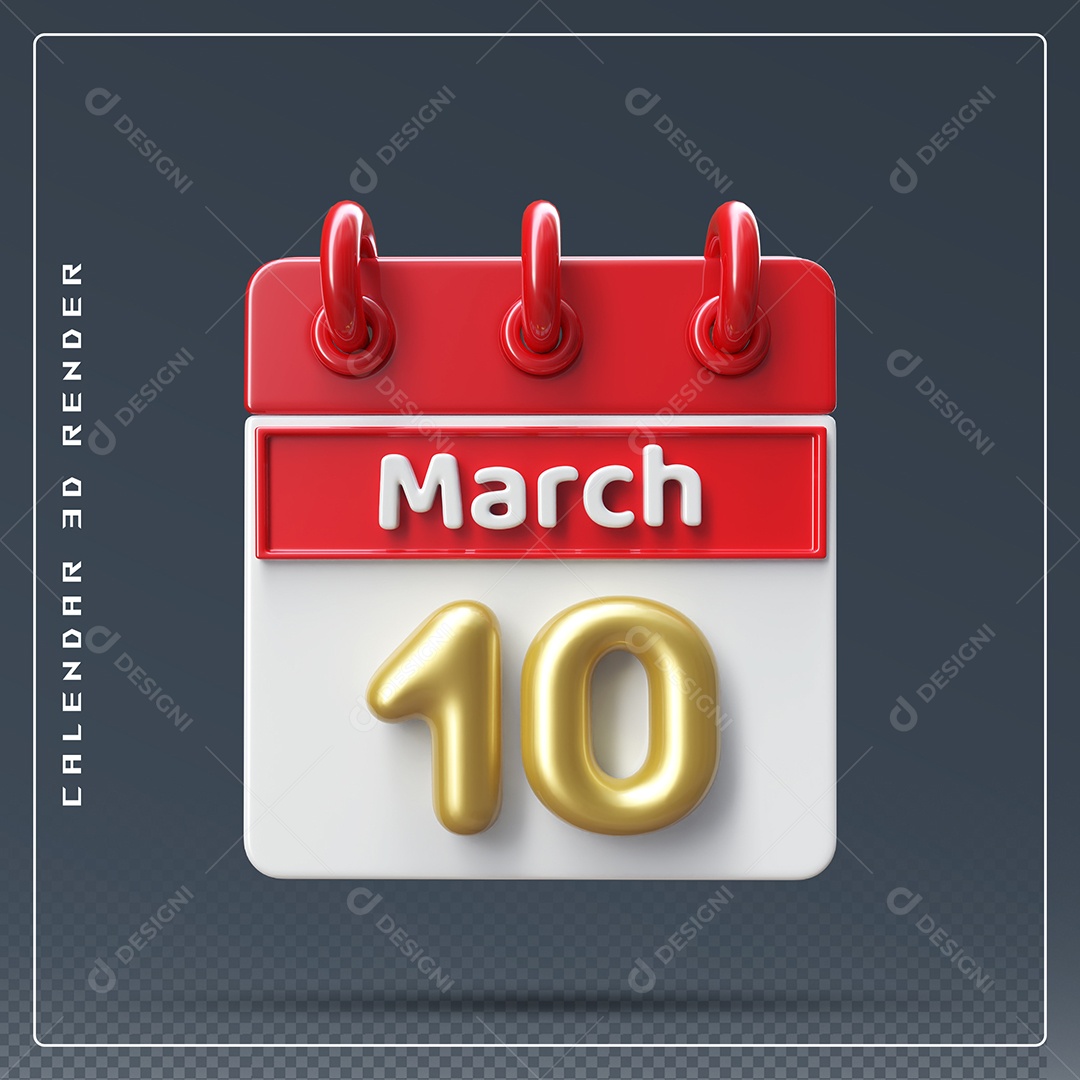 Calendário Do mês Março Dia 02 Elemento 3D Dourado Vermelho E Branco Para Composição PSD