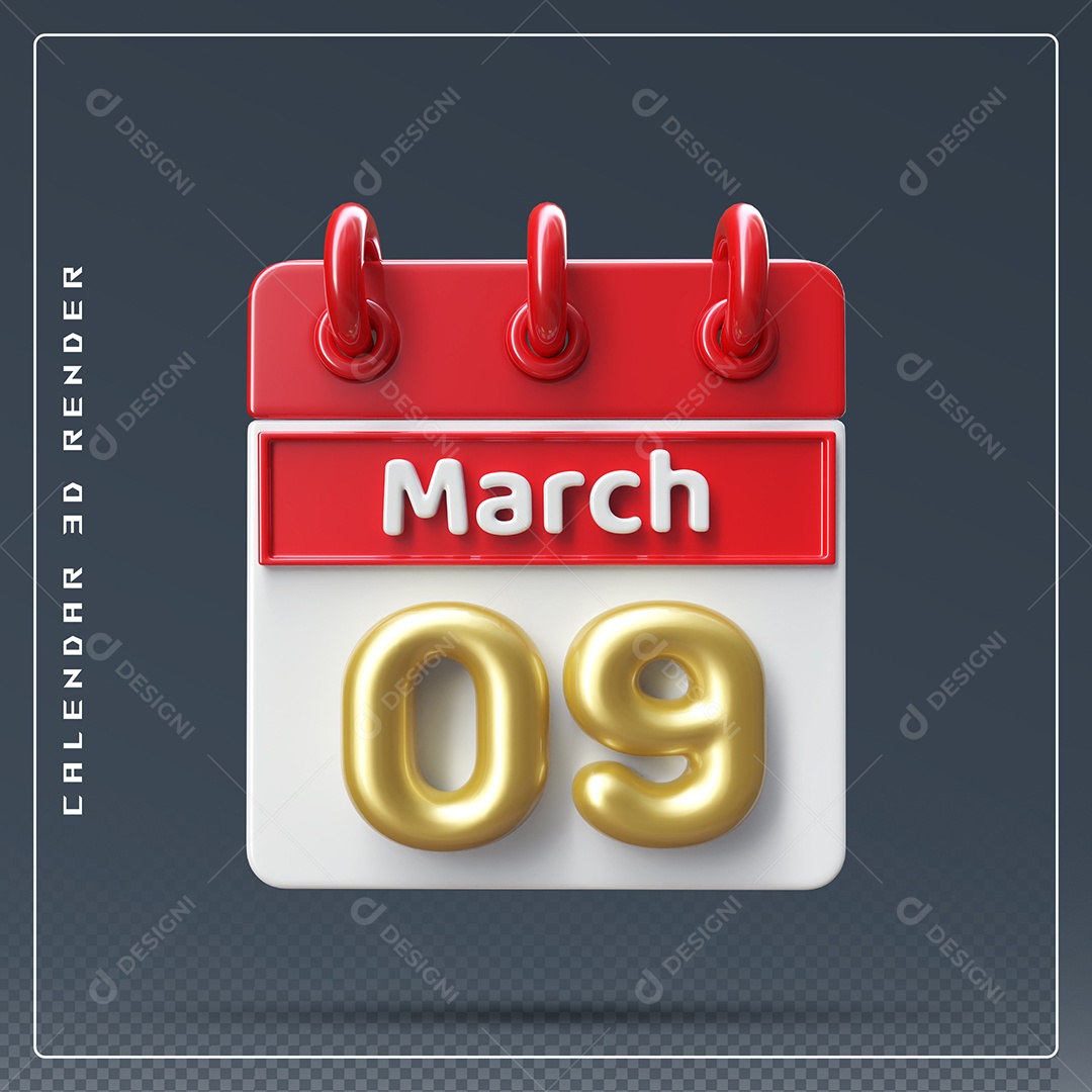 Calendário Do mês Março Dia 09 Elemento 3D Dourado Vermelho E Branco Para Composição PSD
