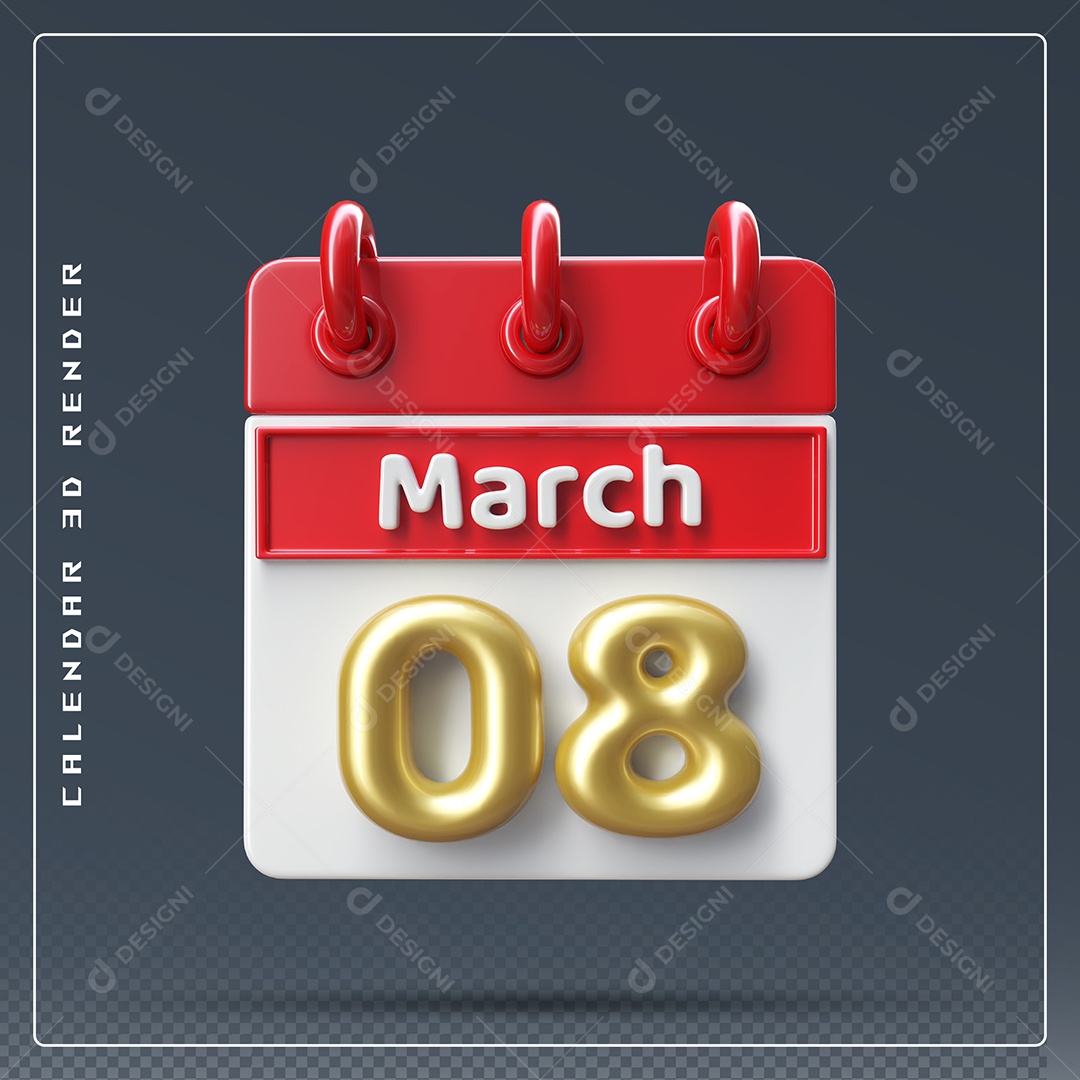 Calendário Do mês Março Dia 08 Elemento 3D Dourado Vermelho E Branco Para Composição PSD