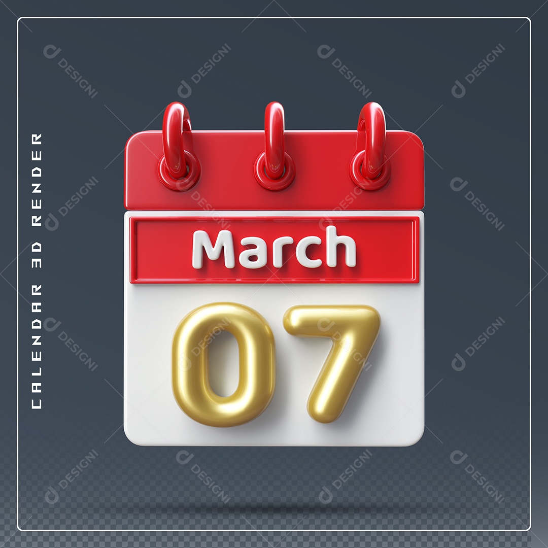 Calendário Do mês Março Dia 07 Elemento 3D Dourado Vermelho E Branco Para Composição PSD