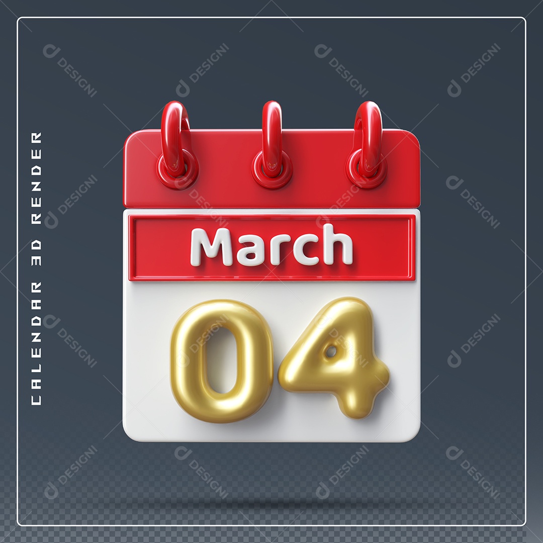 Calendário Do mês Março Dia 04 Elemento 3D Dourado Vermelho E Branco Para Composição PSD