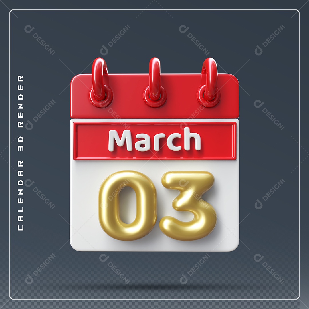 Calendário Do mês Março Dia 03 Elemento 3D Dourado Vermelho E Branco Para Composição PSD