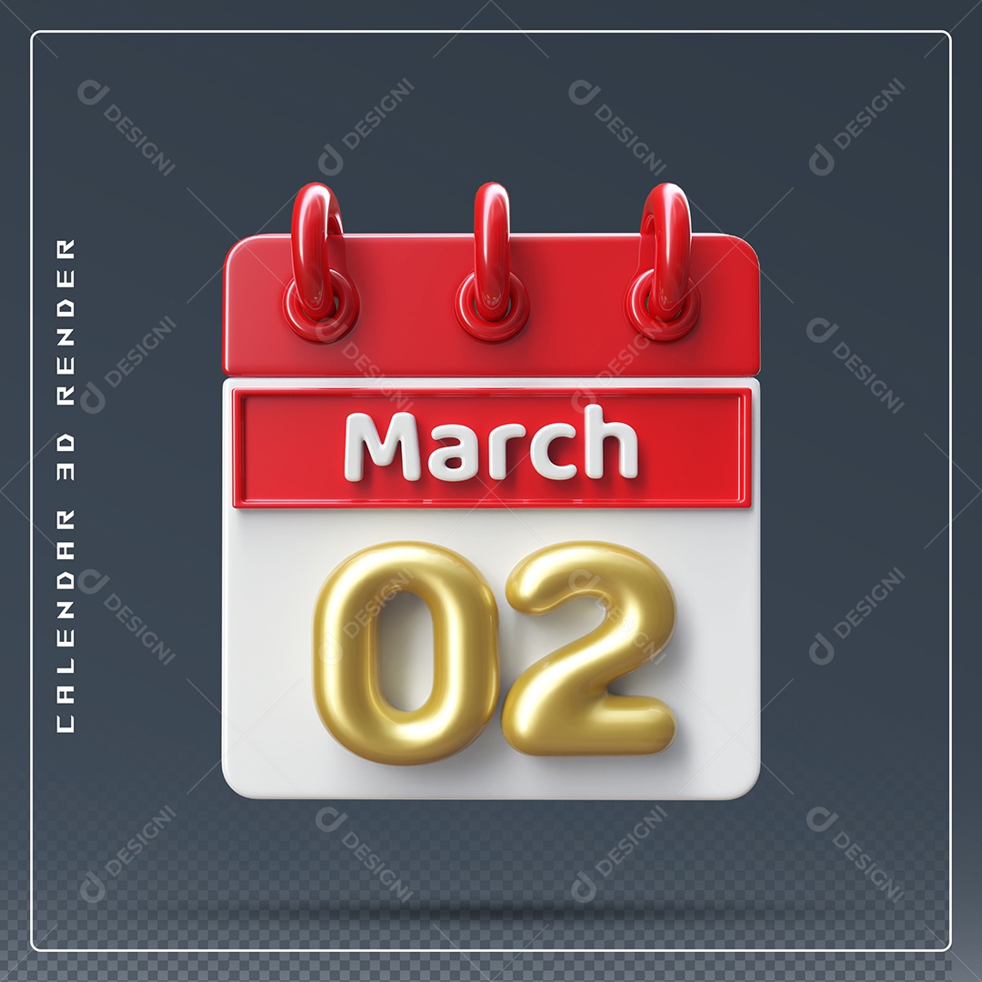 Calendário Do mês Março Dia 02 Elemento 3D Dourado Vermelho E Branco Para Composição PSD