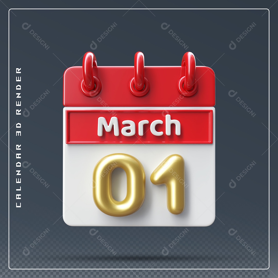 Calendário Do mês Março Dia 01 Elemento 3D Dourado Vermelho E Branco Para Composição PSD