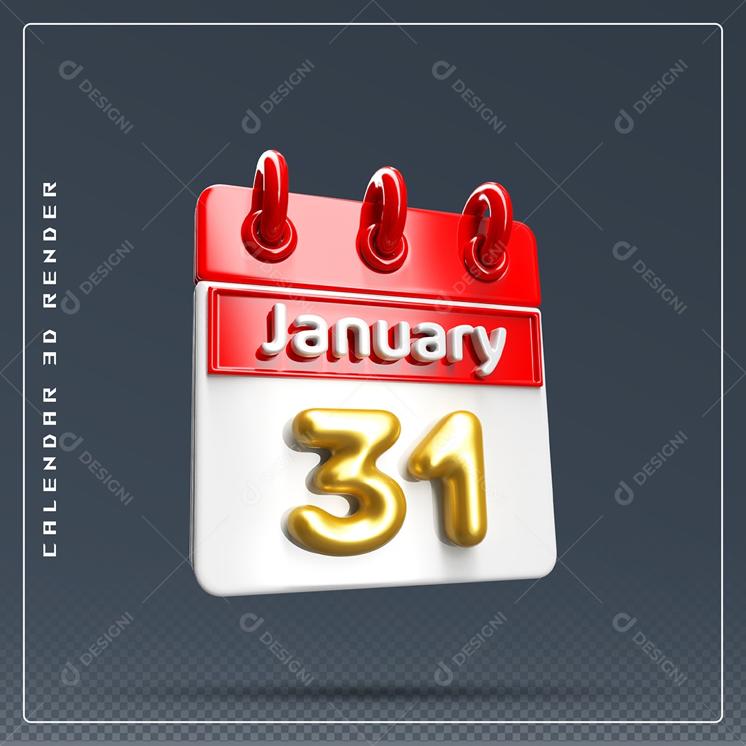 Calendário Do mês Janeiro Dia 31 Elemento 3D Dourado Vermelho E Branco Para Composição PSD