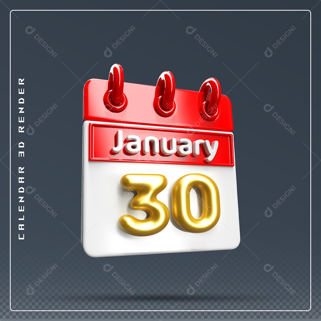 Calendário Do mês Janeiro Dia 30 Elemento 3D Dourado Vermelho E Branco Para Composição PSD