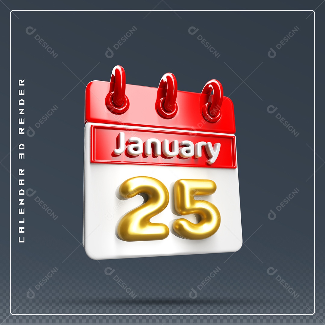 Calendário Do mês Janeiro Dia 25 Elemento 3D Dourado Vermelho E Branco Para Composição PSD