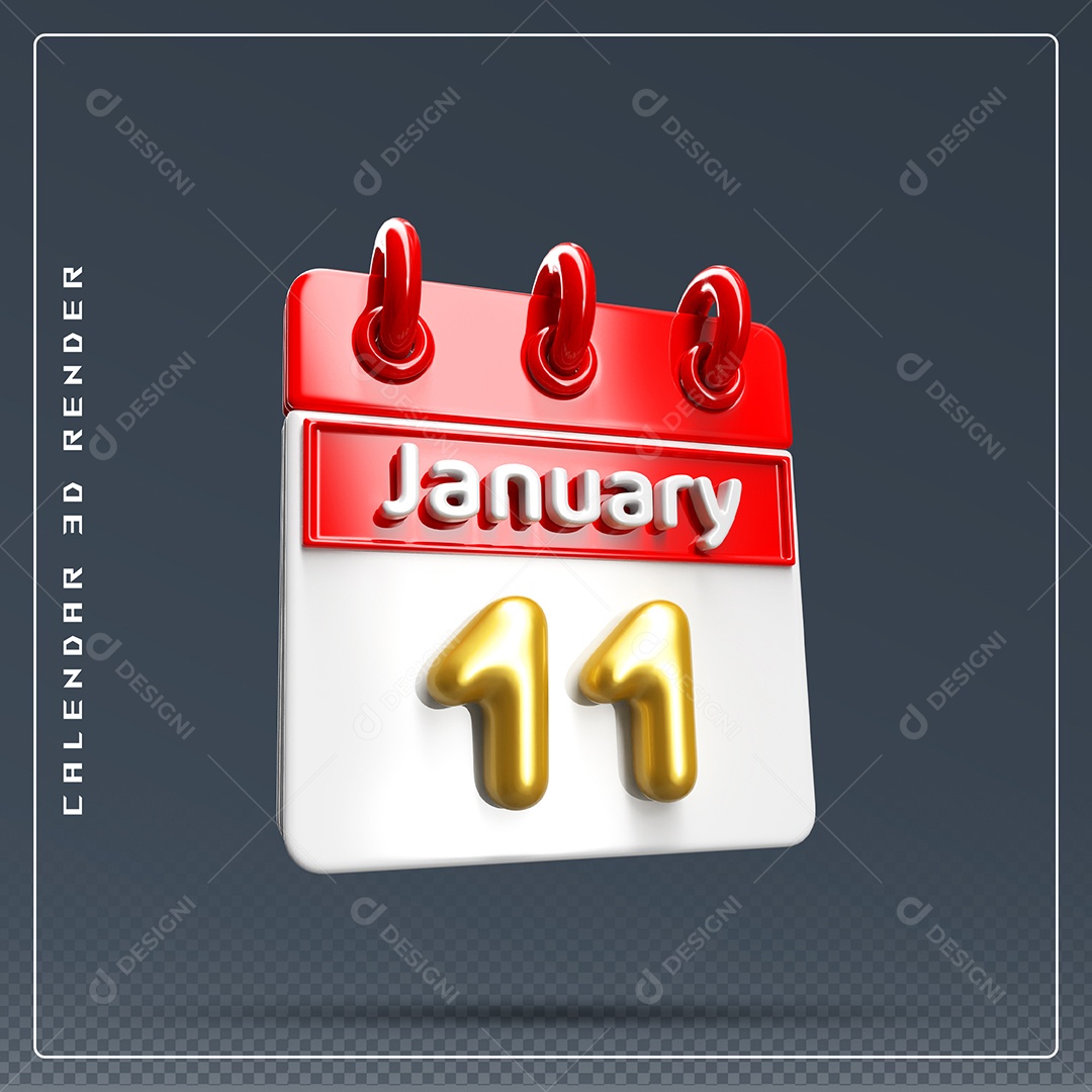 Calendário Do mês Janeiro Dia 11 Elemento 3D Dourado Vermelho E Branco Para Composição PSD