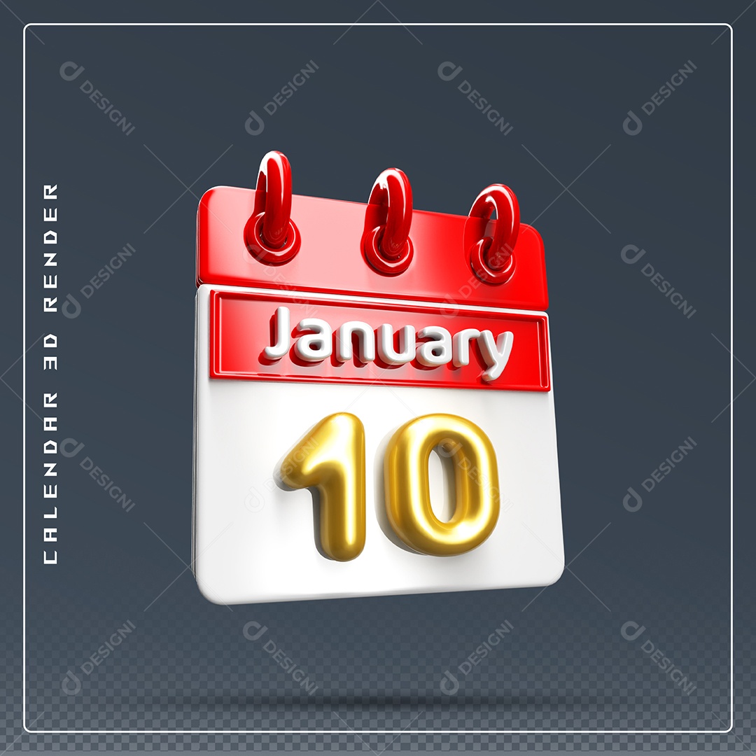 Calendário Do mês Janeiro Dia 10 Elemento 3D Dourado Vermelho E Branco Para Composição PSD