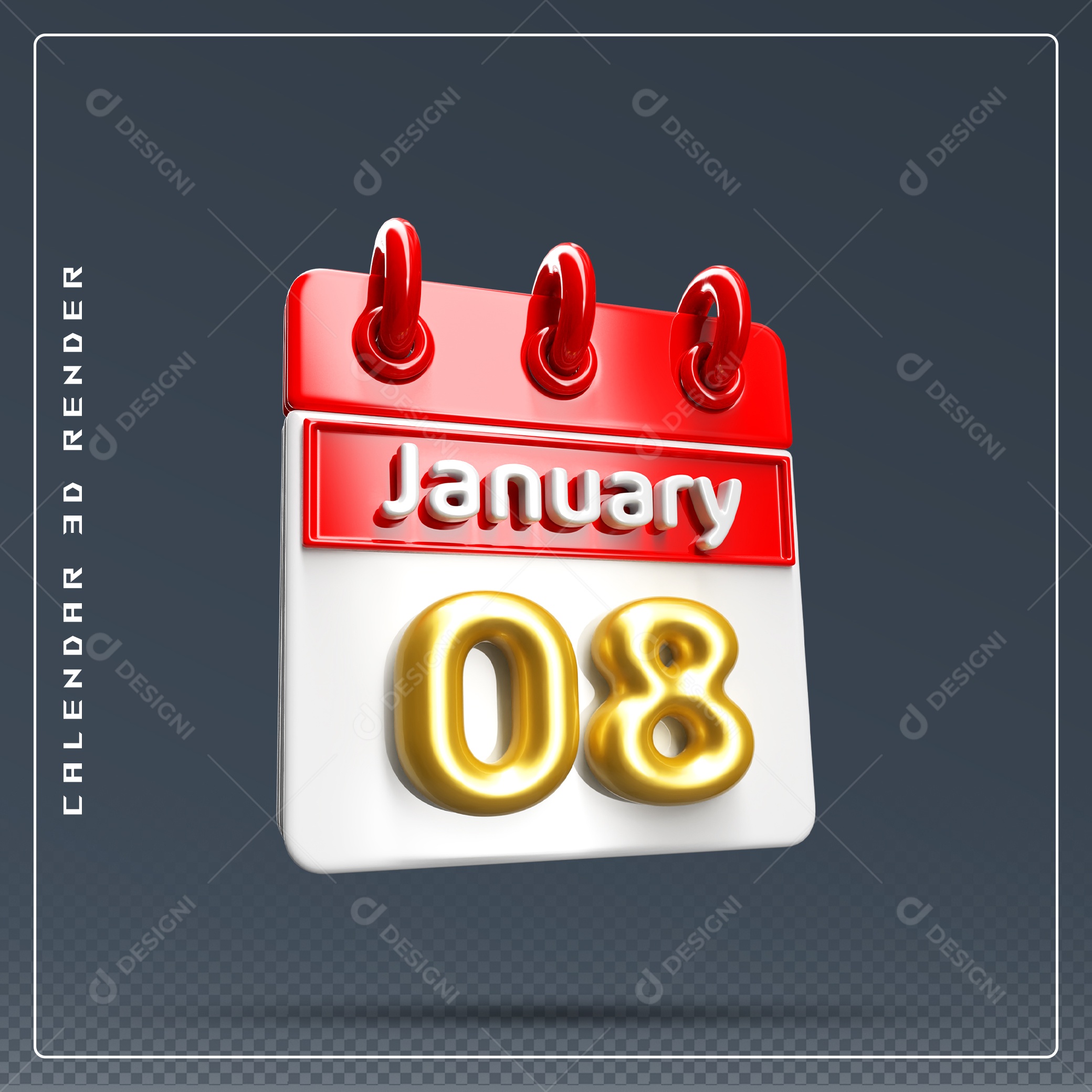 Calendário Do mês Janeiro Dia 08 Elemento 3D Dourado Vermelho E Branco Para Composição PSD