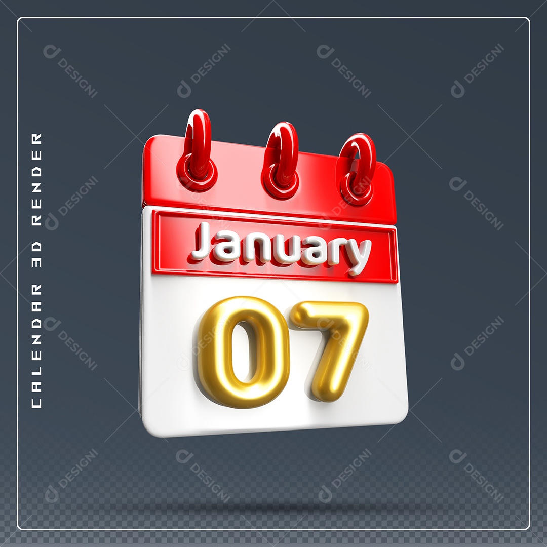 Calendário Do mês Janeiro Dia 07 Elemento 3D Dourado Vermelho E Branco Para Composição PSD