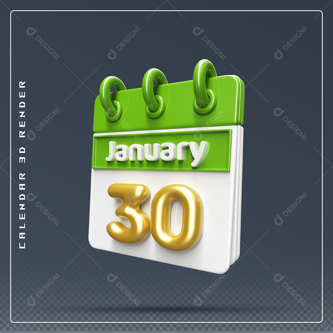 Calendário Do mês Janeiro Dia 30 Elemento 3D Dourado Verde E Branco Para Composição PSD