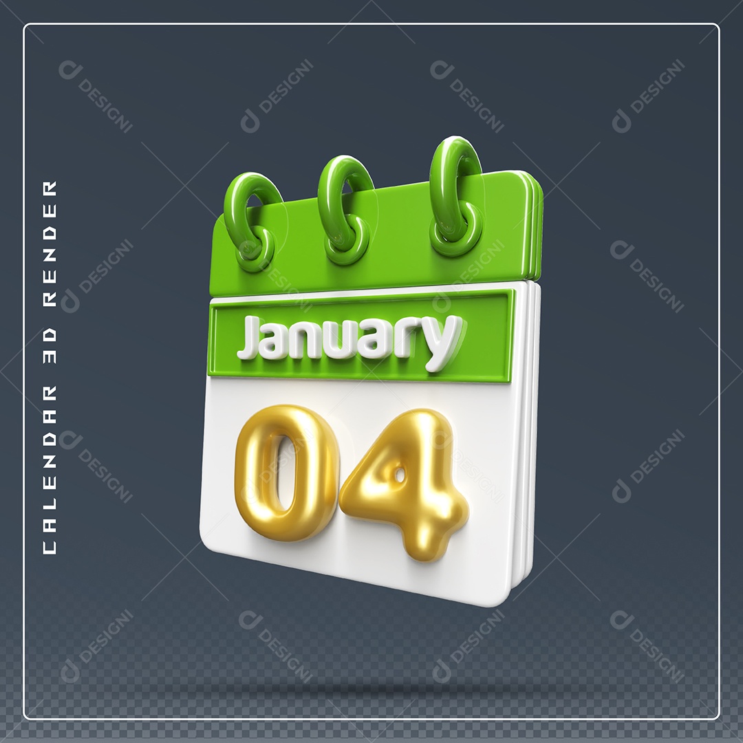 Calendário Do mês Janeiro Dia 04 Elemento 3D Dourado Verde E Branco Para Composição PSD