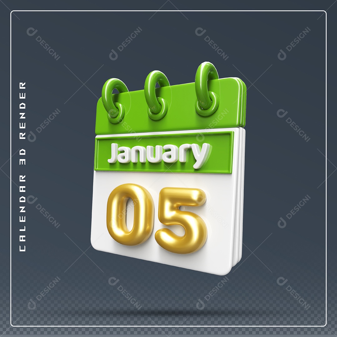 Calendário Do mês Janeiro Dia 05 Elemento 3D Dourado Verde E Branco Para Composição PSD