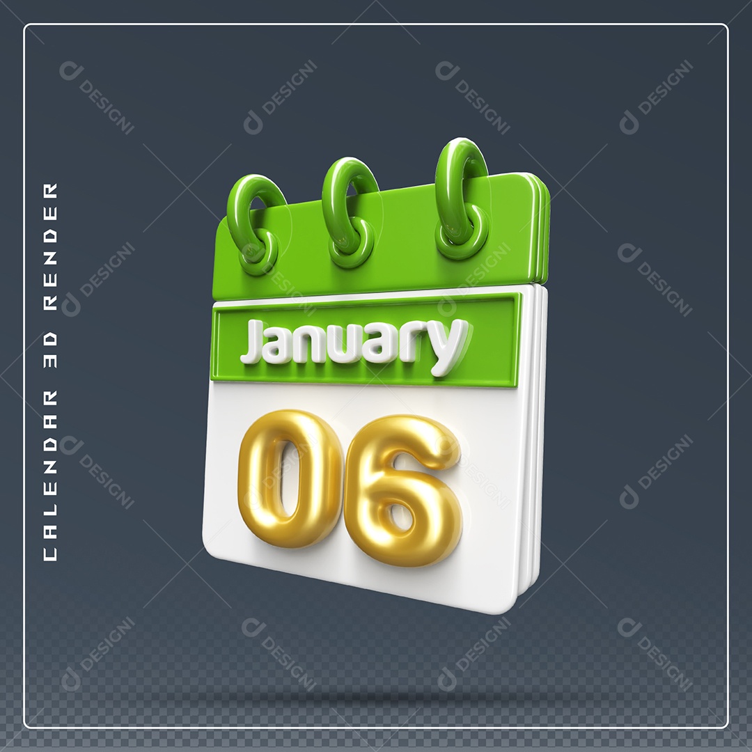Calendário Do mês Janeiro Dia 06 Elemento 3D Dourado Verde E Branco Para Composição PSD