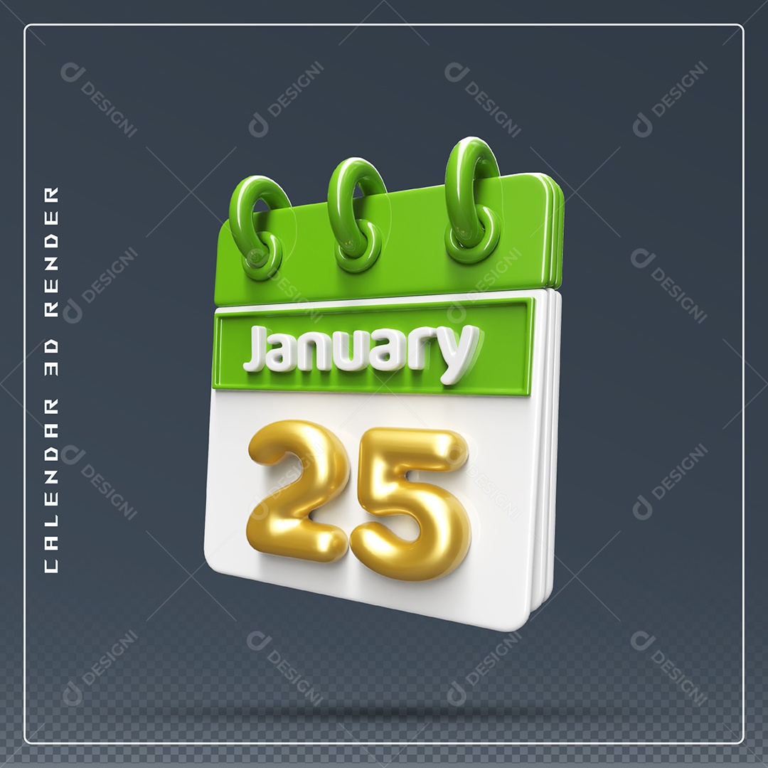 Calendário Do mês Janeiro Dia 25 Elemento 3D Dourado Verde E Branco Para Composição PSD