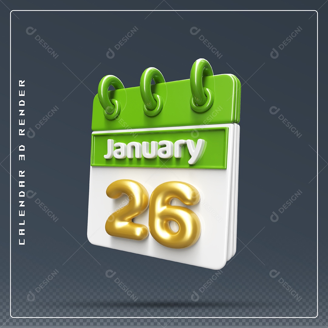 Calendário Do mês Janeiro Dia 26 Elemento 3D Dourado Verde E Branco Para Composição PSD