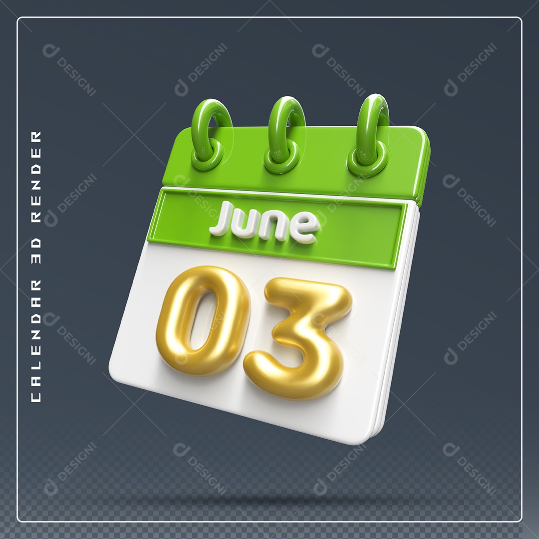 Calendário Do mês Janeiro Dia 03 Elemento 3D Dourado Verde E Branco Para Composição PSD