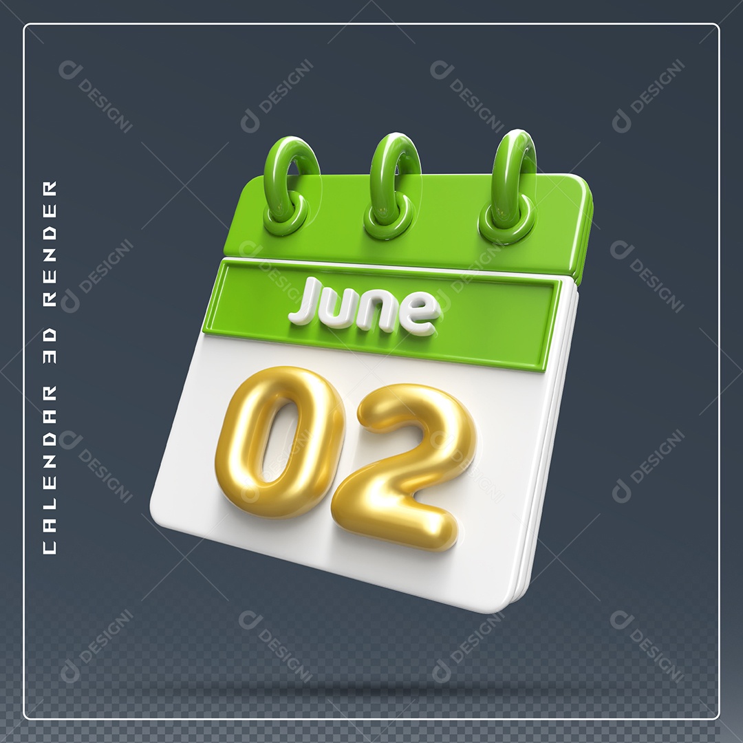 Calendário Do mês Janeiro Dia 02 Elemento 3D Dourado Verde E Branco Para Composição PSD