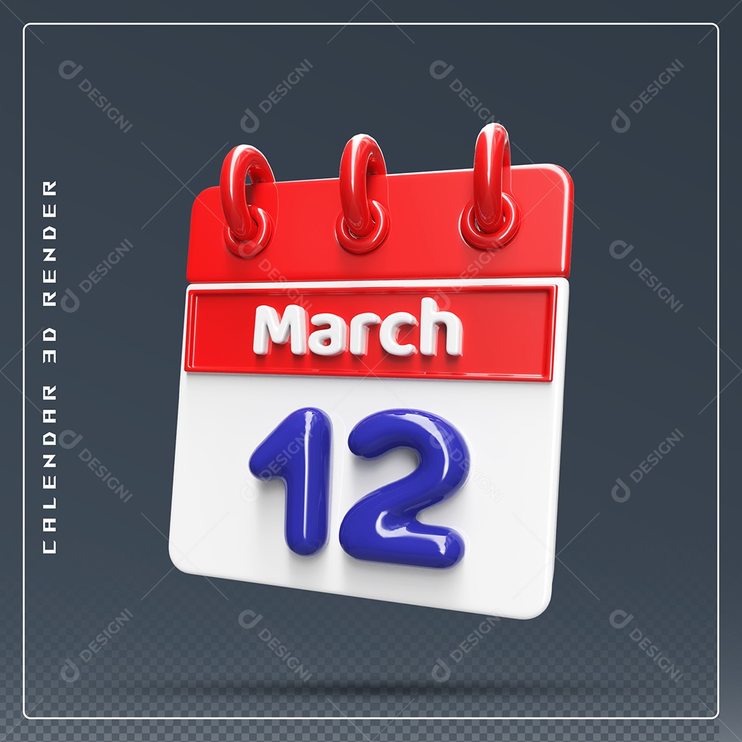 Calendário Do mês Março Dia 12 Elemento 3D Vermelho Azul e Branco Para Composição PSD