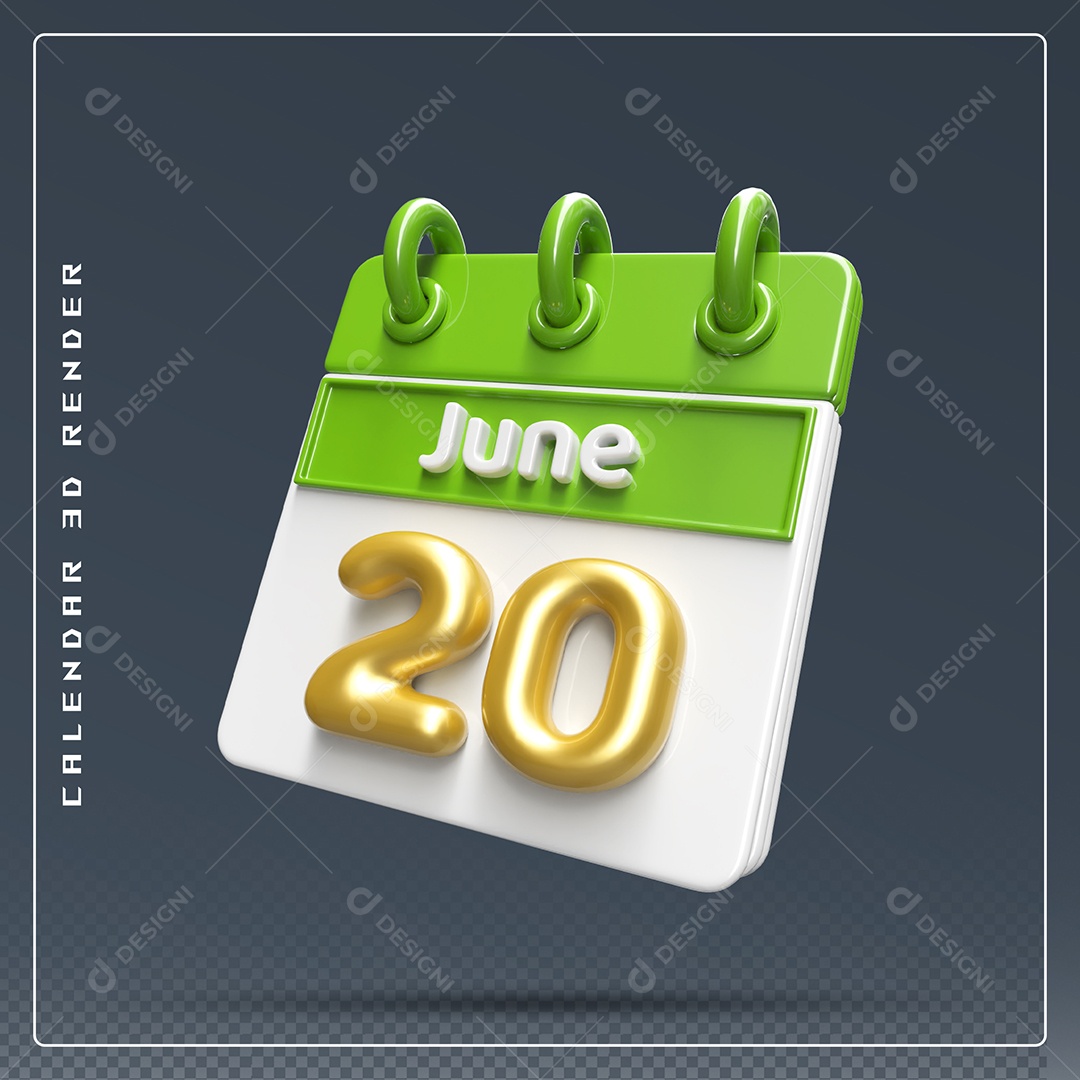 Calendário Do mês Junho Dia 20 Elemento 3D Dourado Verde E Branco Para Composição PSD