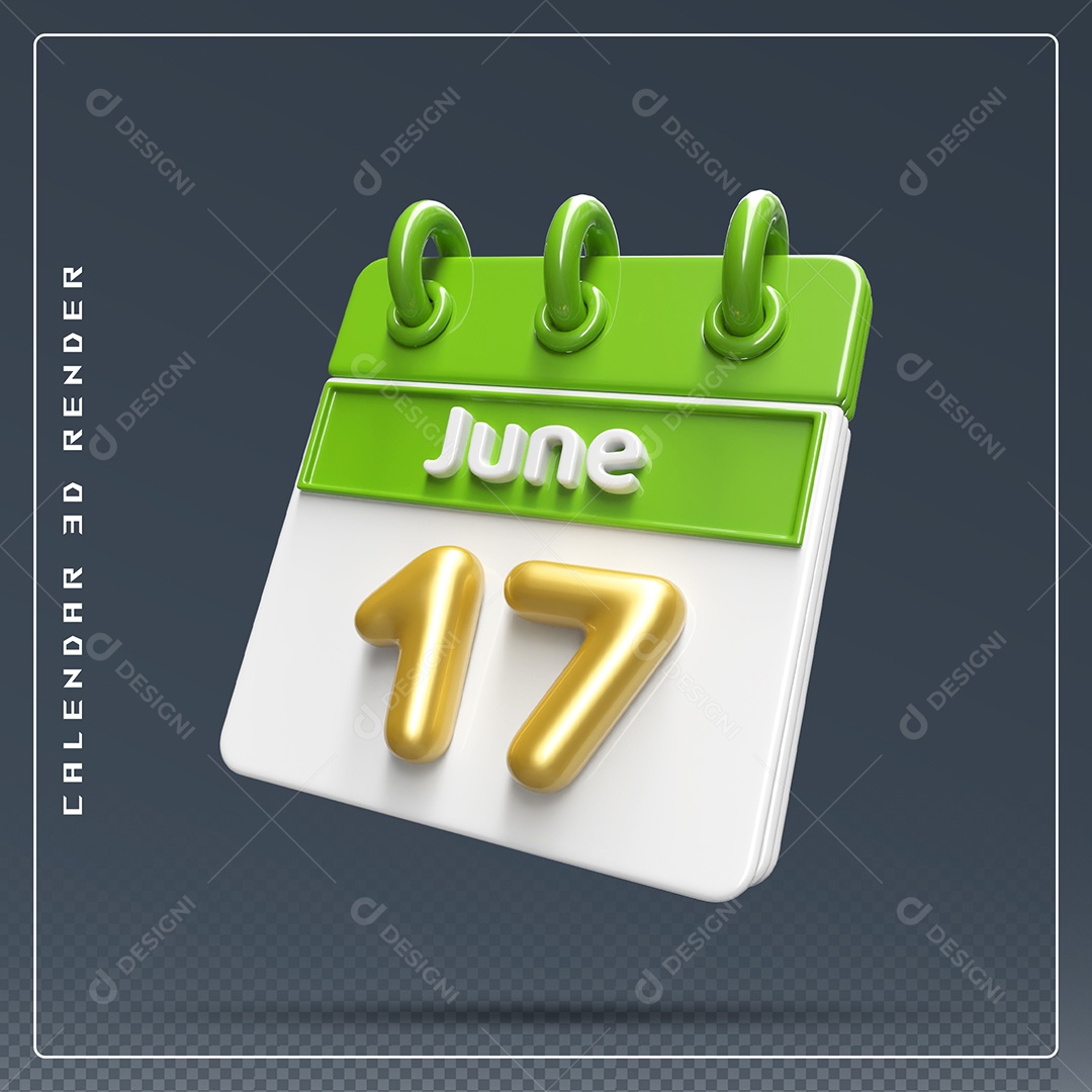 Calendário Do mês Junho Dia 17 Elemento 3D Dourado Verde E Branco Para Composição PSD