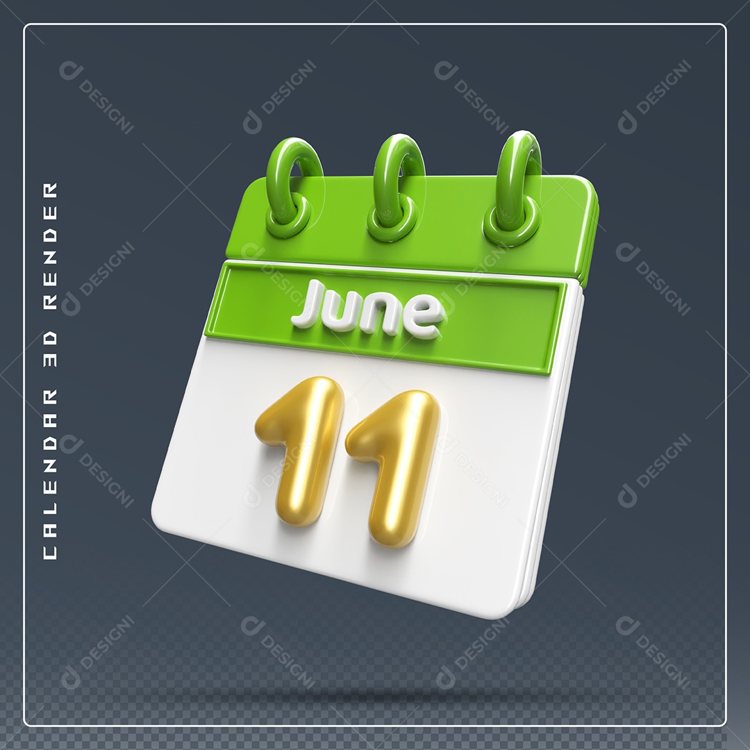 Calendário Do mês Junho Dia 11 Elemento 3D Dourado Verde E Branco Para Composição PSD