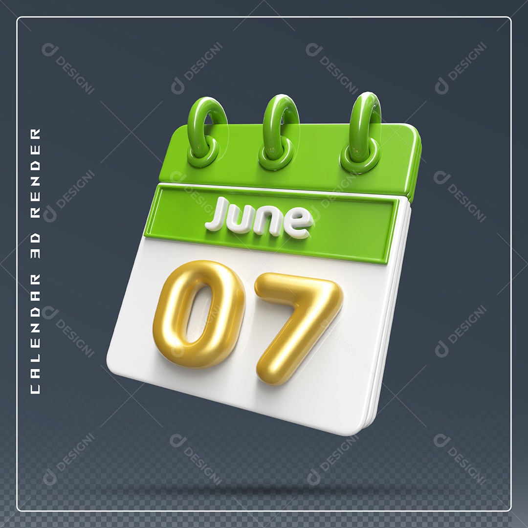 Calendário Do mês Junho Dia 07 Elemento 3D Dourado Verde E Branco Para Composição PSD