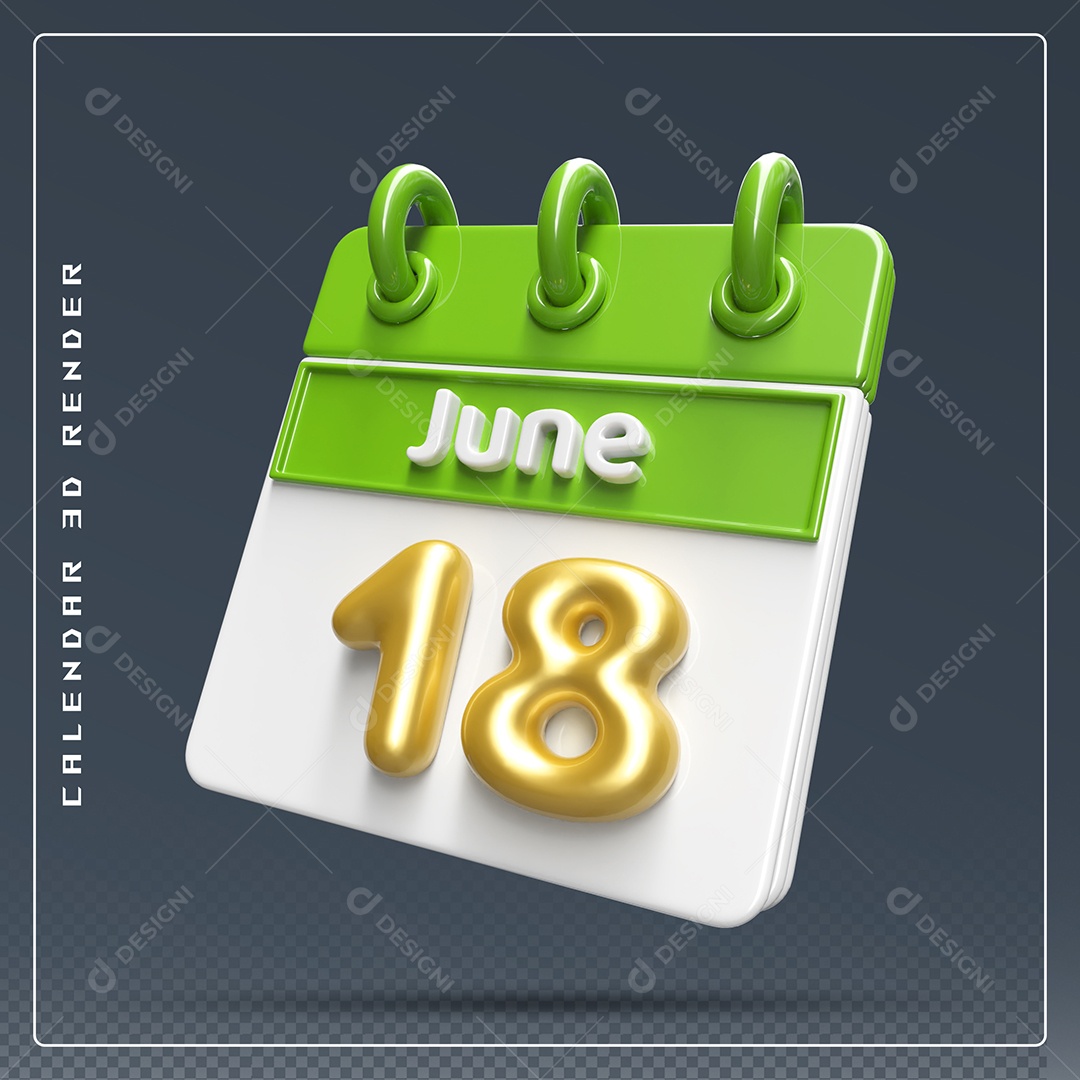 Calendário Do mês Junho Dia 18 Elemento 3D Dourado Verde E Branco Para Composição PSD