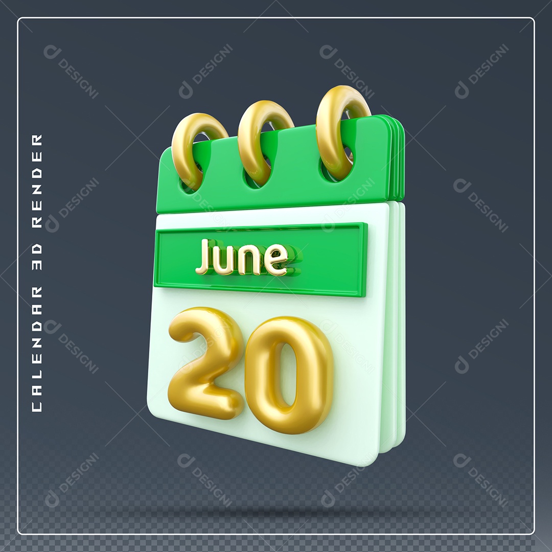 Calendário Do mês Junho Dia 20 Elemento 3D Dourado Verde E Branco Para Composição PSD