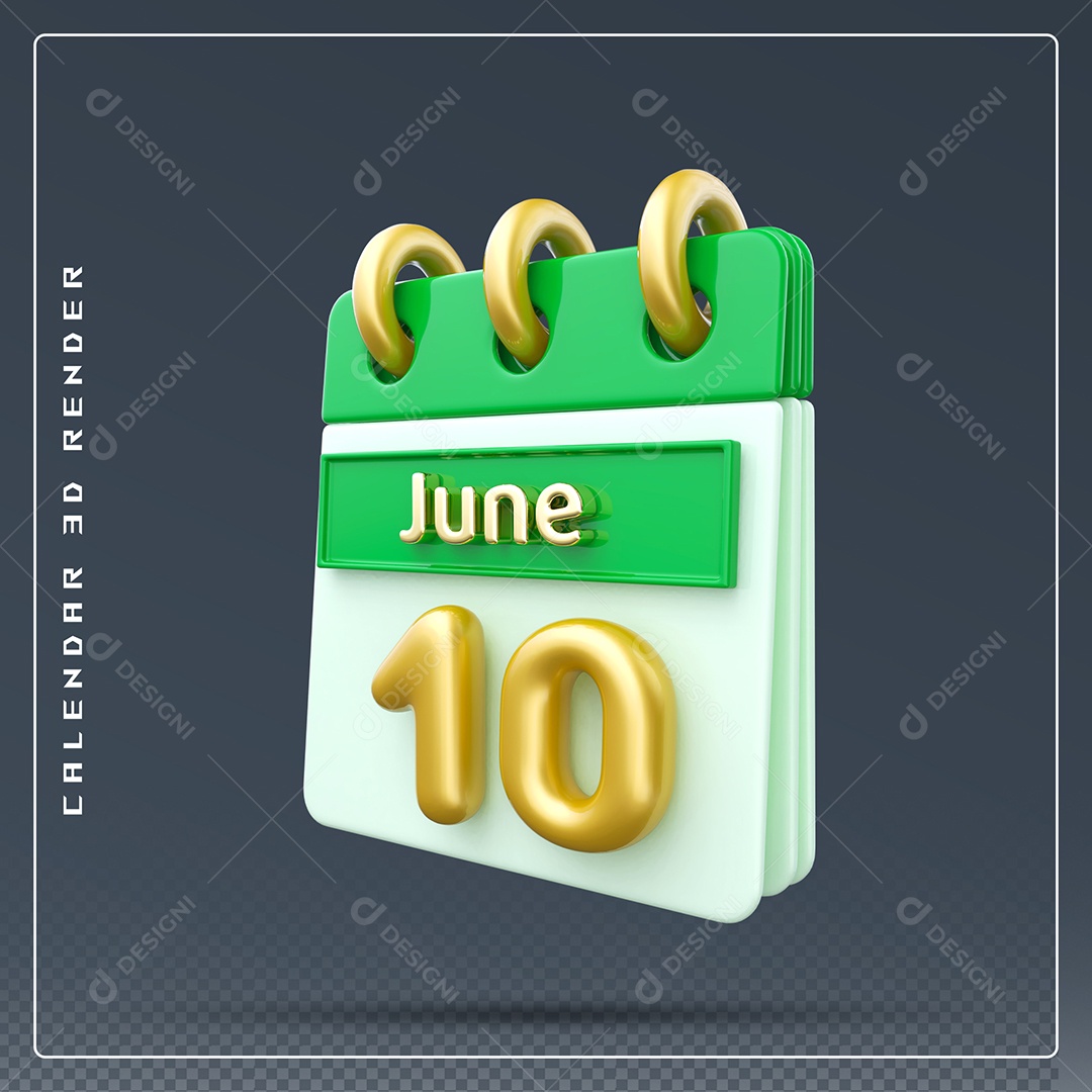 Calendário Do mês Junho Dia 10 Elemento 3D Dourado Verde E Branco Para Composição PSD
