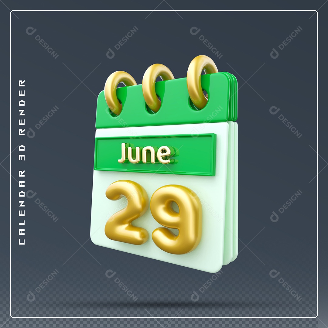Calendário Do mês Junho Dia 29 Elemento 3D Dourado Verde E Branco Para Composição PSD
