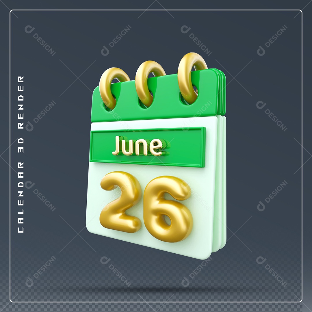 Calendário Do mês Junho Dia 26 Elemento 3D Dourado Verde E Branco Para Composição PSD
