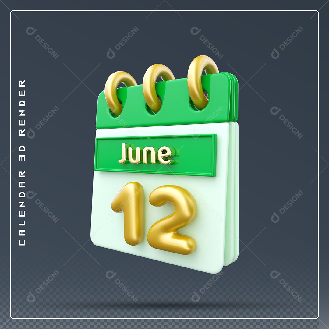 Calendário Do mês Junho Dia 12 Elemento 3D Dourado Verde E Branco Para Composição PSD