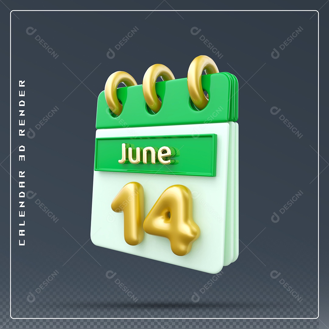 Calendário Do mês Junho Dia 14 Elemento 3D Dourado Verde E Branco Para Composição PSD