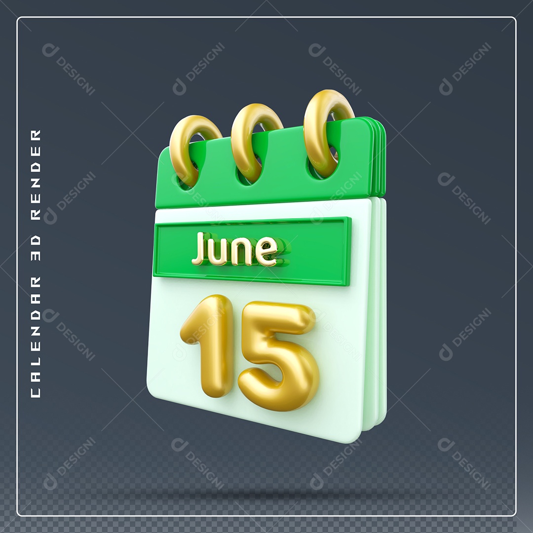 Calendário Do mês Junho Dia 15 Elemento 3D Dourado Verde E Branco Para Composição PSD