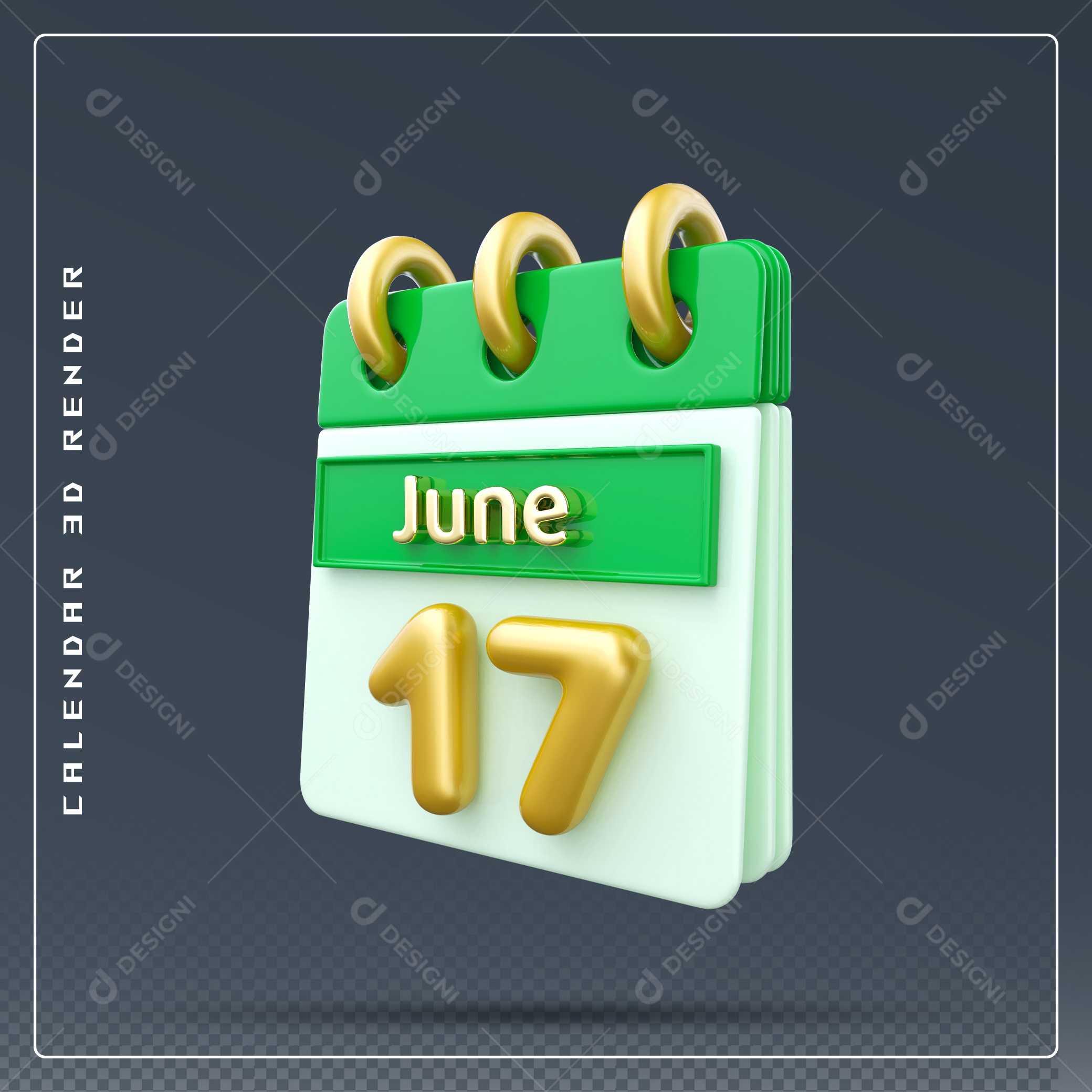 Calendário Do mês Junho Dia 17 Elemento 3D Dourado Verde E Branco Para Composição PSD