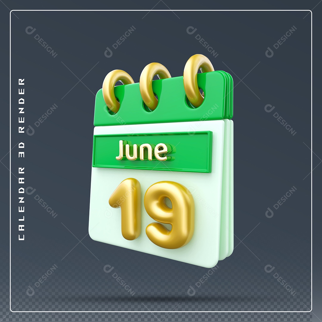 Calendário Do mês Junho Dia 19 Elemento 3D Dourado Verde E Branco Para Composição PSD