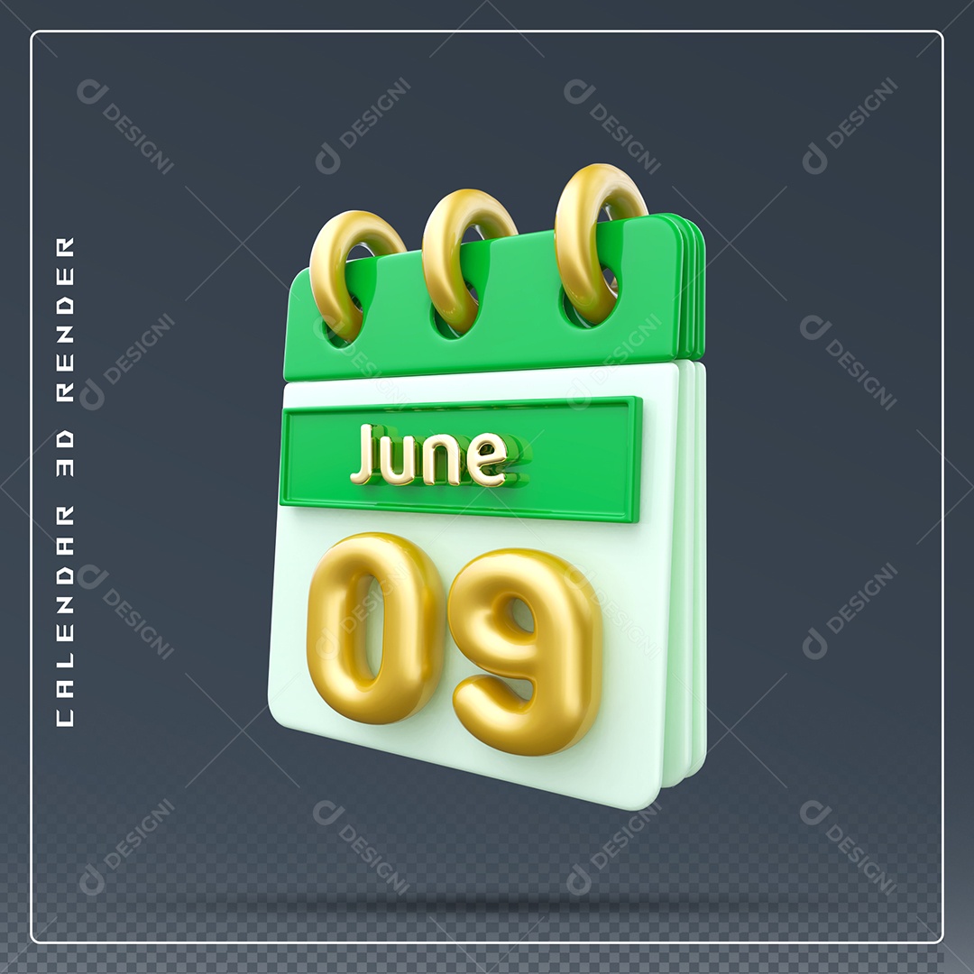 Calendário Do mês Junho Dia 09 Elemento 3D Dourado Verde E Branco Para Composição PSD