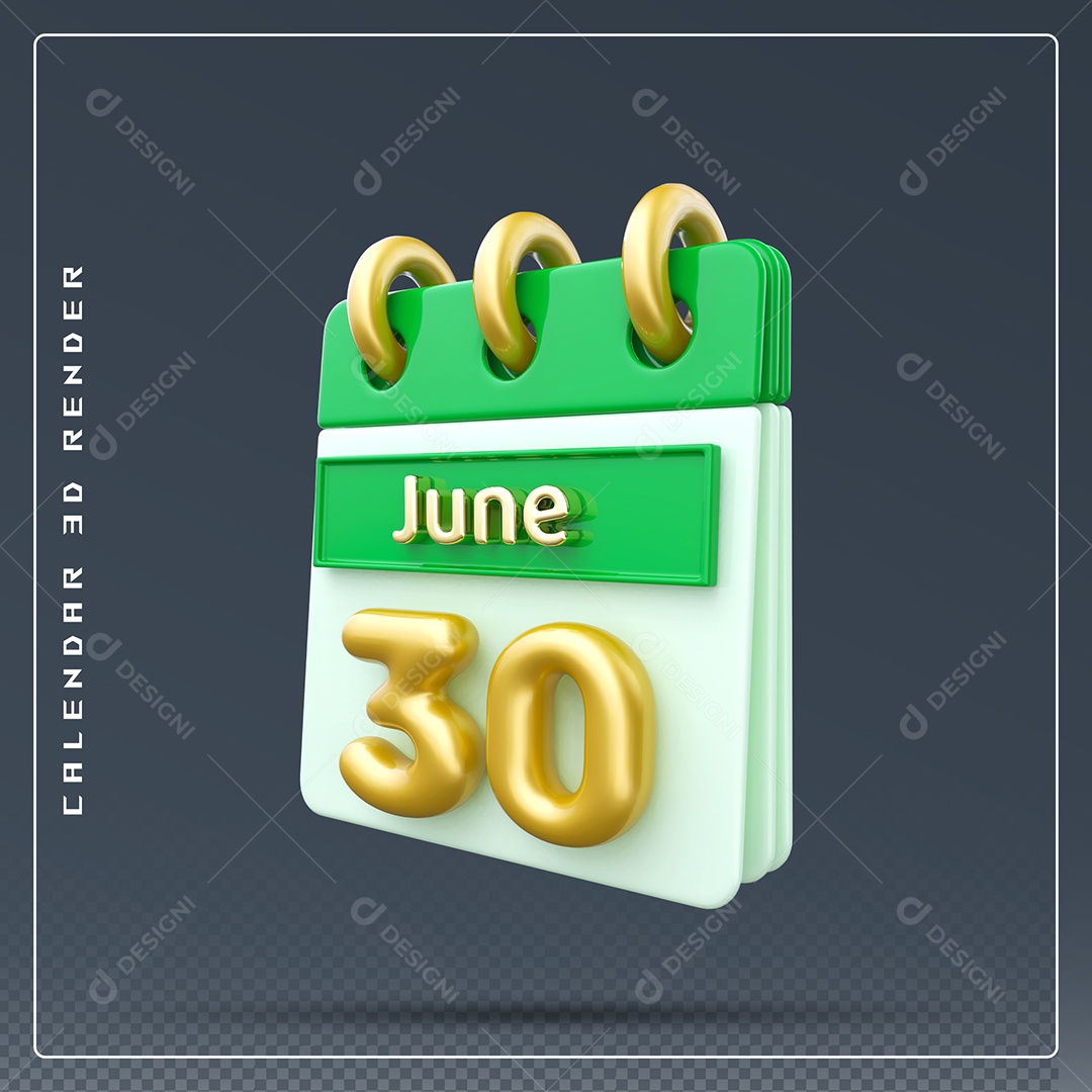 Calendário Do mês Junho Dia 30 Elemento 3D Dourado Verde E Branco Para Composição PSD