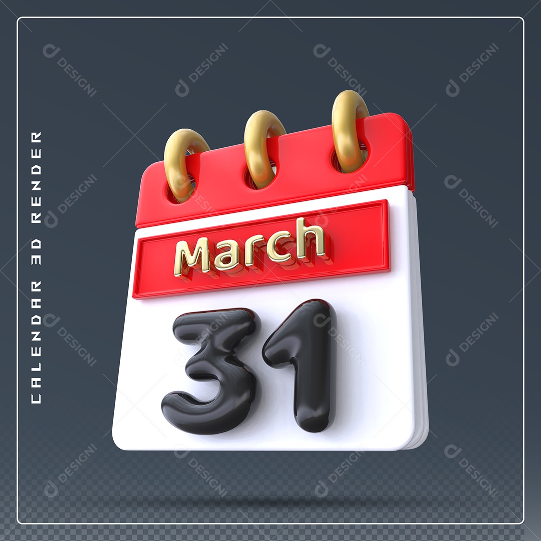 Calendário Do mês Março Dia 31 Elemento 3D Dourado Vermelho Preto e Branco Para Composição PSD
