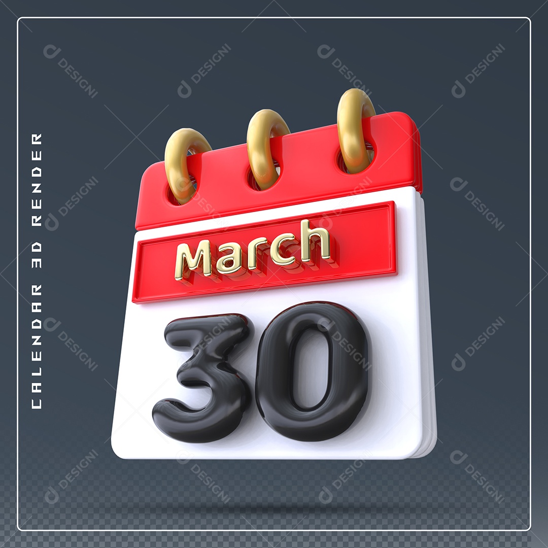 Calendário Do mês Março Dia 30 Elemento 3D Dourado Vermelho Preto e Branco Para Composição PSD