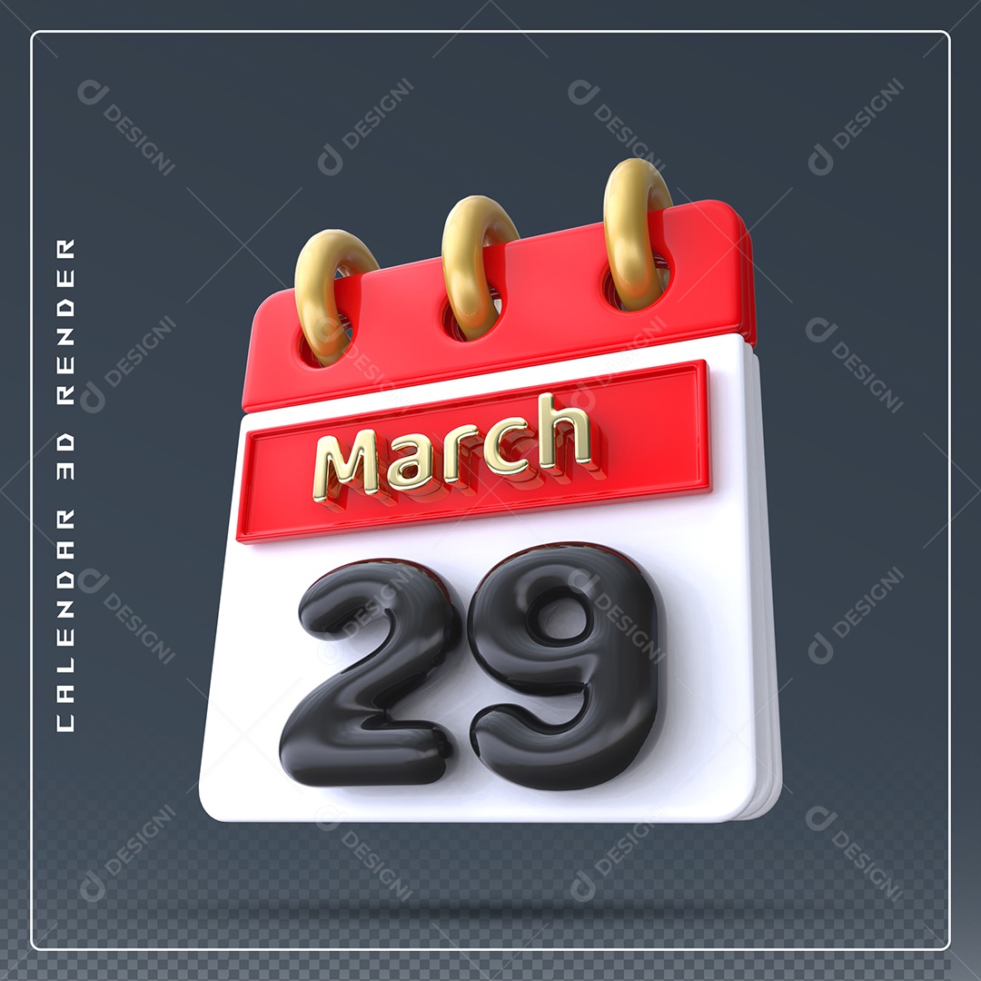 Calendário Do mês Março Dia 29 Elemento 3D Dourado Vermelho Preto e Branco Para Composição PSD