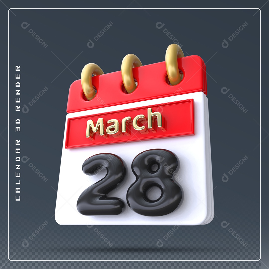 Calendário Do mês Março Dia 28 Elemento 3D Dourado Vermelho Preto e Branco Para Composição PSD