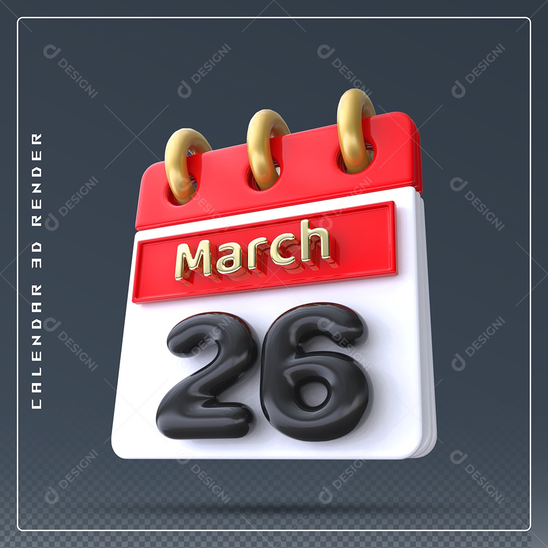 Calendário Do mês Março Dia 26 Elemento 3D Dourado Vermelho Preto e Branco Para Composição PSD