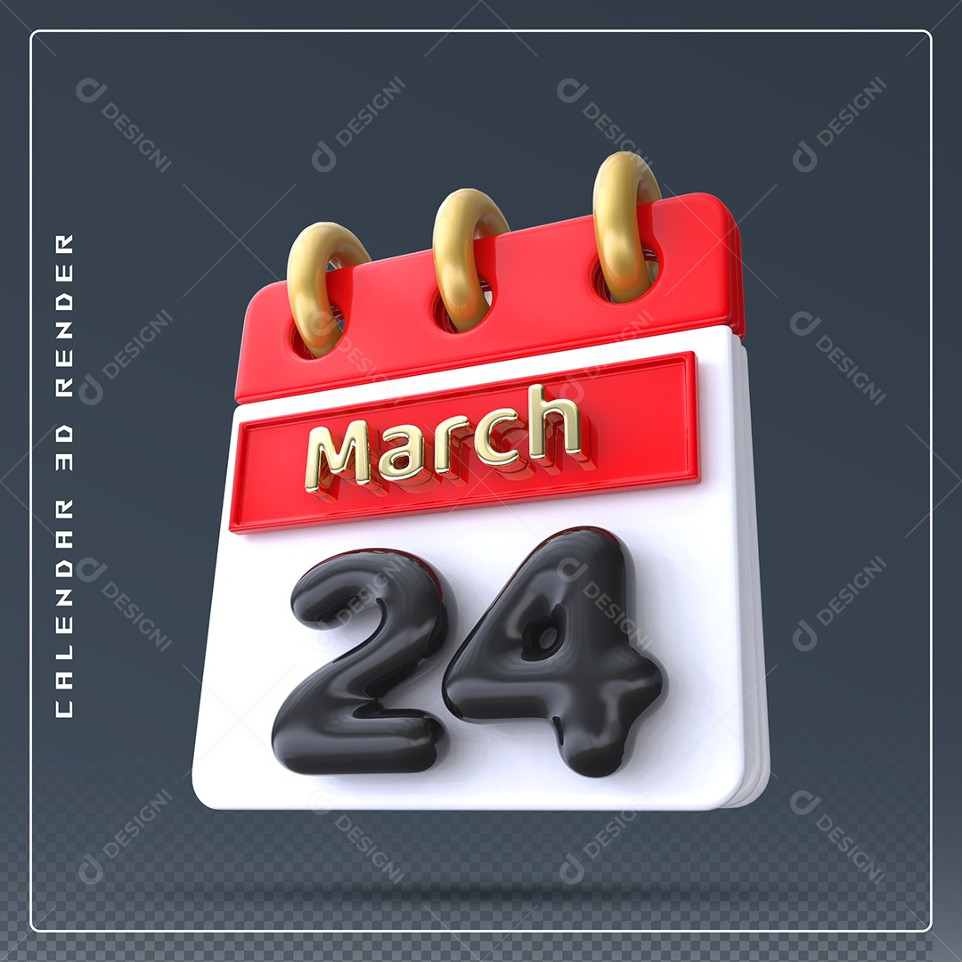 Calendário Do mês Março Dia 24 Elemento 3D Dourado Vermelho Preto e Branco Para Composição PSD