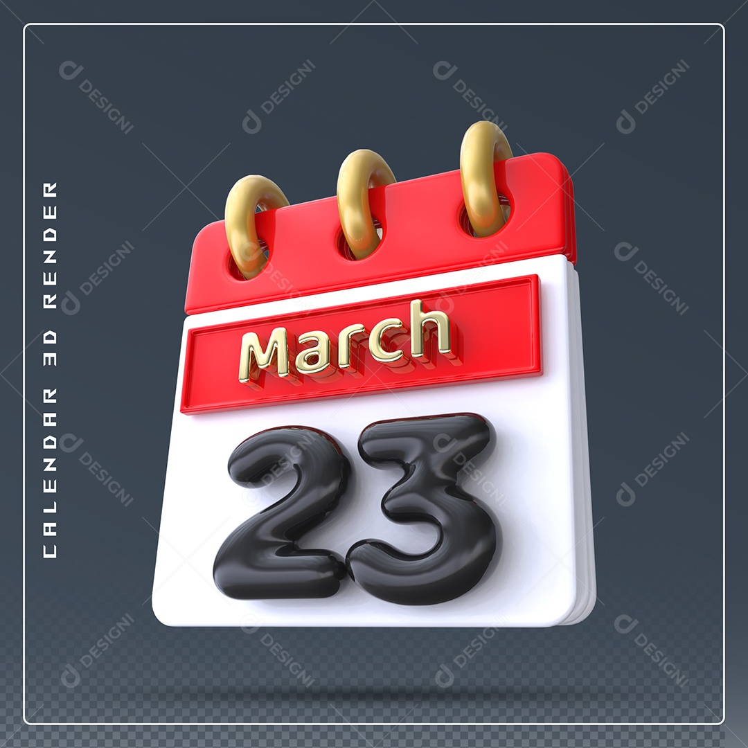 Calendário Do mês Março Dia 23 Elemento 3D Dourado Vermelho Preto e Branco Para Composição PSD