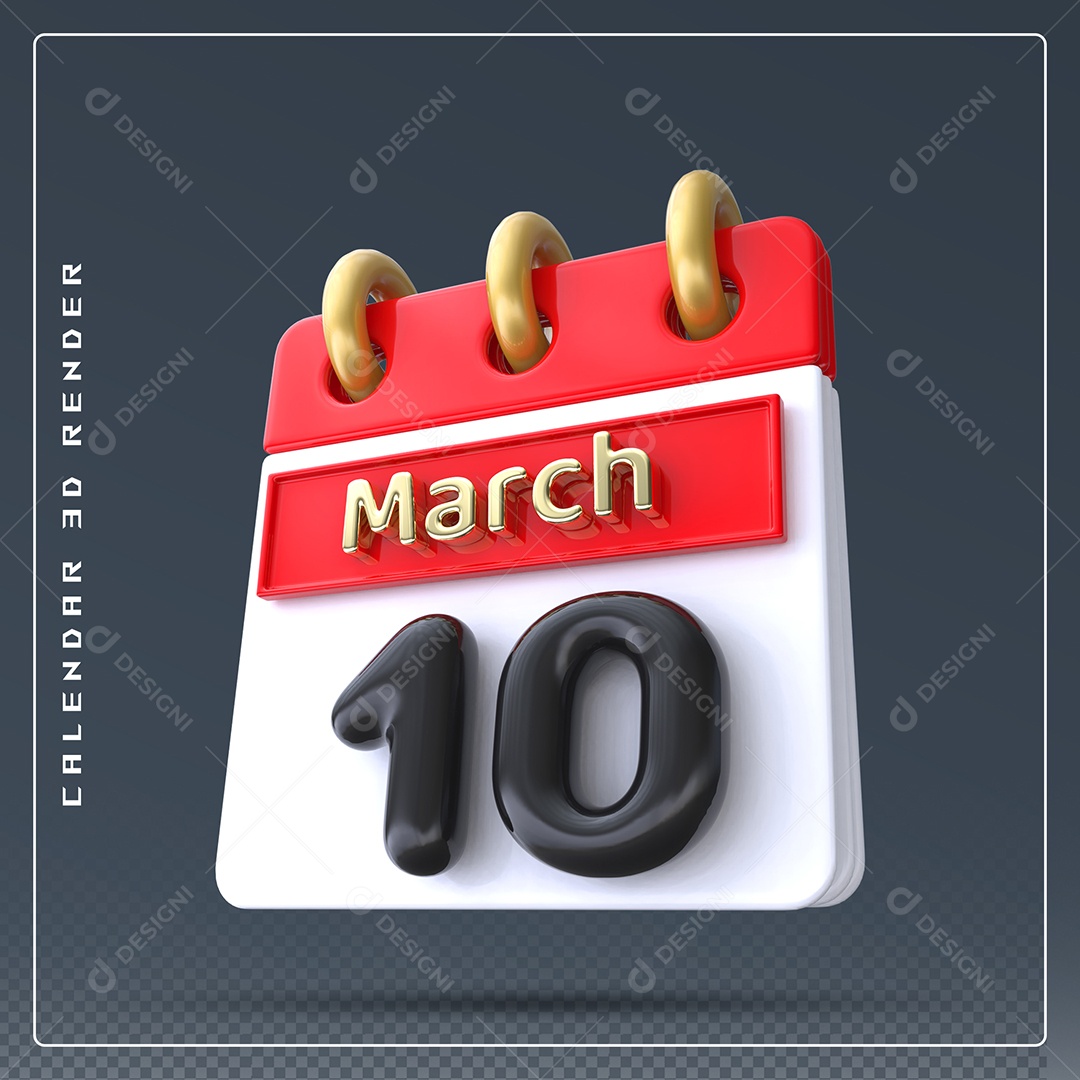 Calendário Do mês Março Dia 10 Elemento 3D Dourado Vermelho Preto e Branco Para Composição PSD